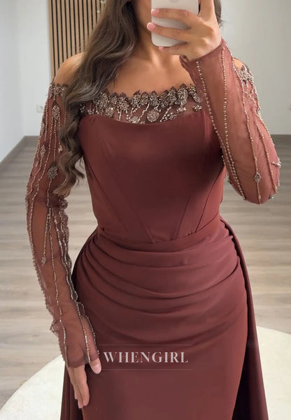 Off Shoulder Beaded long Sleeves Column Evening Formal Dress with Sweep Train