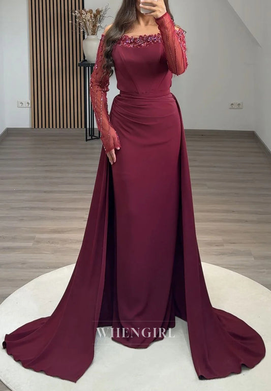 Off Shoulder Beaded long Sleeves Column Evening Formal Dress with Sweep Train