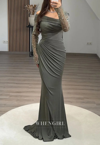 Asymmetrical Neck Long Beaded Sleeves Pleated Evening Formal Dress