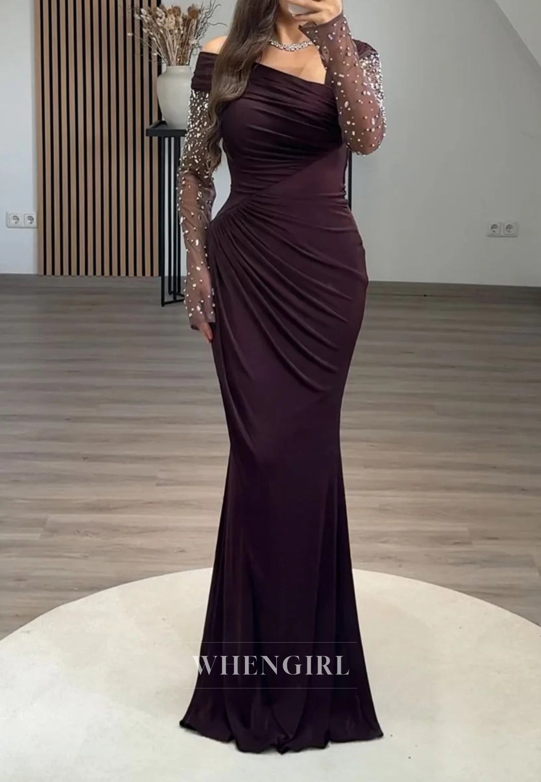 Asymmetrical Neck Long Beaded Sleeves Pleated Evening Formal Dress
