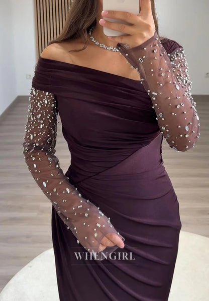 Asymmetrical Neck Long Beaded Sleeves Pleated Evening Formal Dress