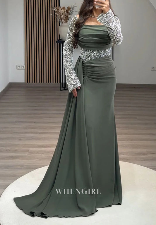 Square Neck Sheath Long Sleeves Pleated Beaded Evening Formal Dress