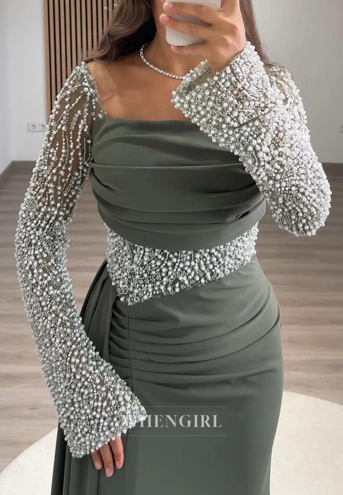 Square Neck Sheath Long Sleeves Pleated Beaded Evening Formal Dress