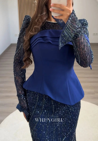 Sheath Bateau Neck Long Sleeves Beaded Back Zipper Formal Evening Dress
