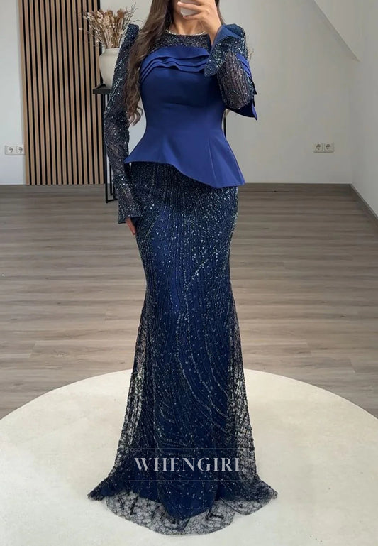 Sheath Bateau Neck Long Sleeves Beaded Back Zipper Formal Evening Dress
