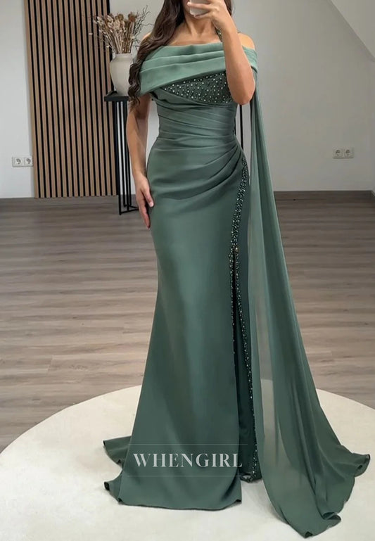 Halter Pleated Side Slit Sleeveless Beaded Back Zipper Evening Formal Dress