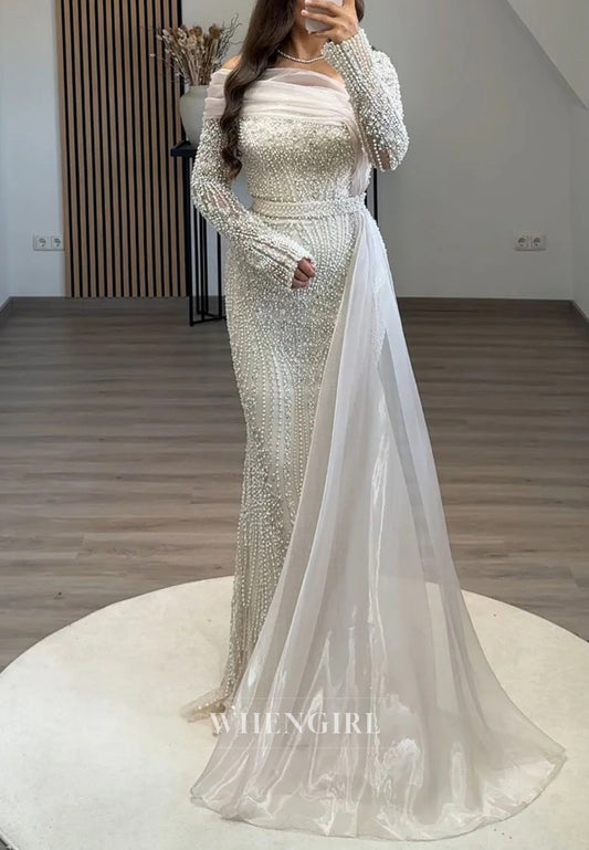 Sheath Asymmetrical Neck Long Sleeves Full Beaded Evening Formal Dress