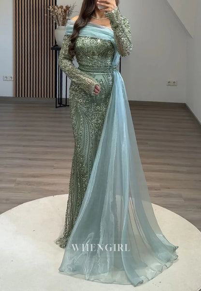 Sheath Asymmetrical Neck Long Sleeves Full Beaded Evening Formal Dress