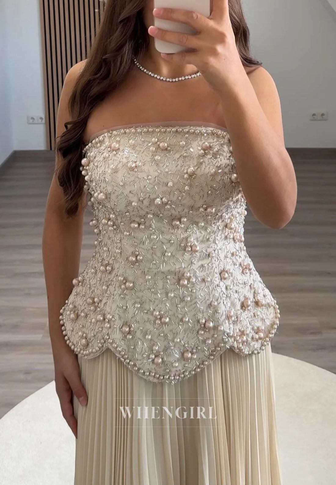 Tube Top Beaded Sleeveless Pleated A-Line Evening Formal Dress