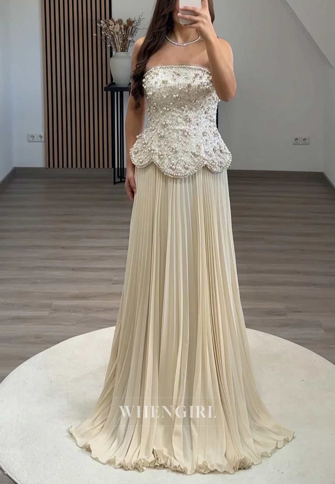 Tube Top Beaded Sleeveless Pleated A-Line Evening Formal Dress