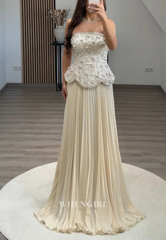 Tube Top Beaded Sleeveless Pleated A-Line Evening Formal Dress