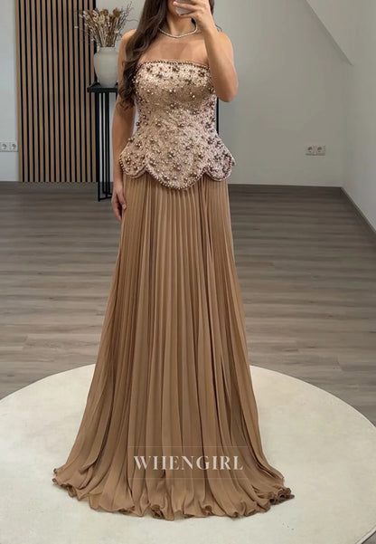 Tube Top Beaded Sleeveless Pleated A-Line Evening Formal Dress