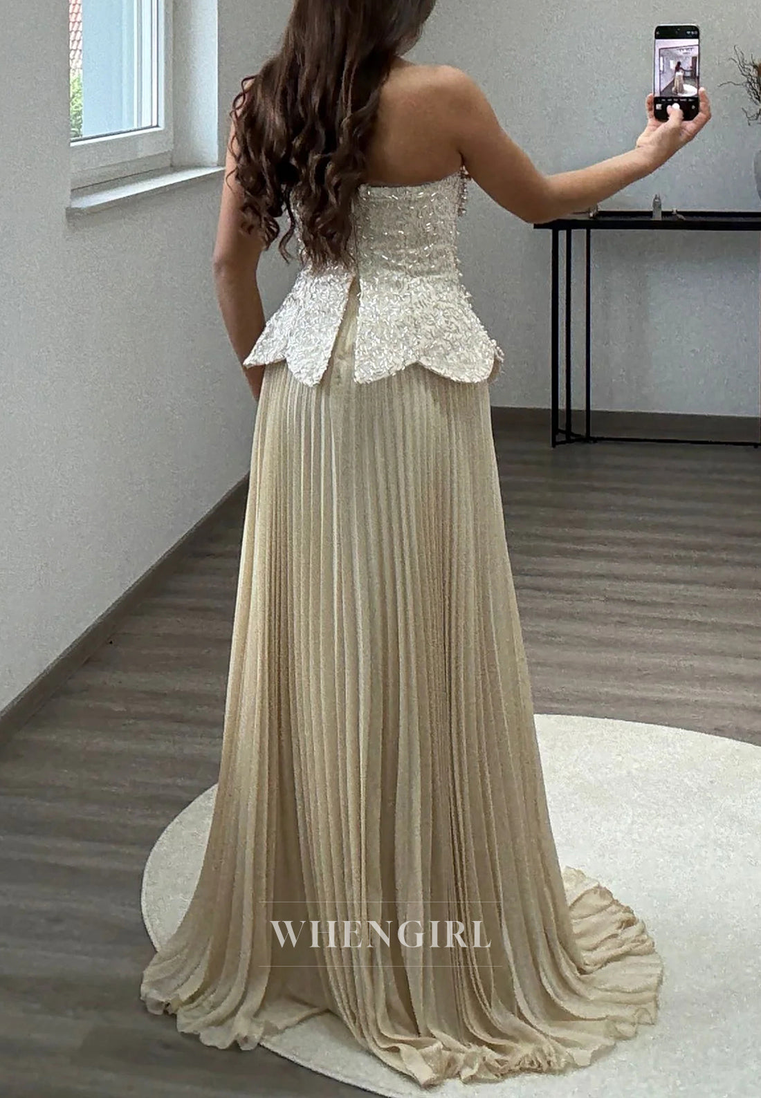 Tube Top Beaded Sleeveless Pleated A-Line Evening Formal Dress