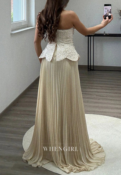 Tube Top Beaded Sleeveless Pleated A-Line Evening Formal Dress