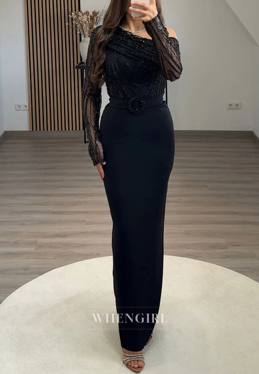 One Shoulder Beaded Long Sleeves Ankle Length Sheath Evening Formal Dress