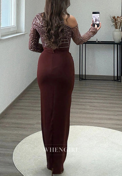 One Shoulder Beaded Long Sleeves Ankle Length Sheath Evening Formal Dress