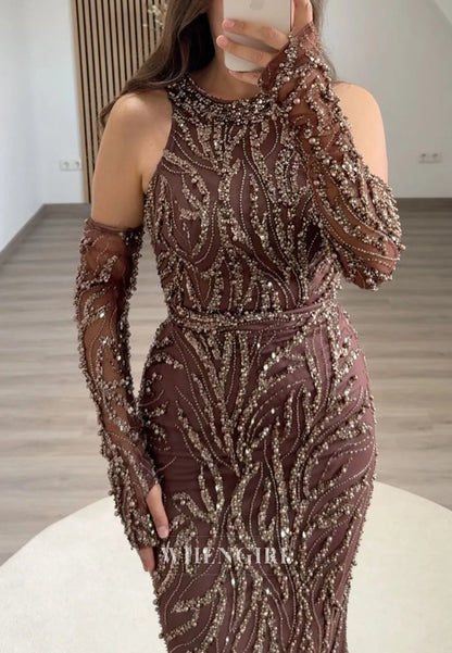 Mermaid Halter Beaded Back Zipper Sweep Train Formal Evening Dress with Gloves
