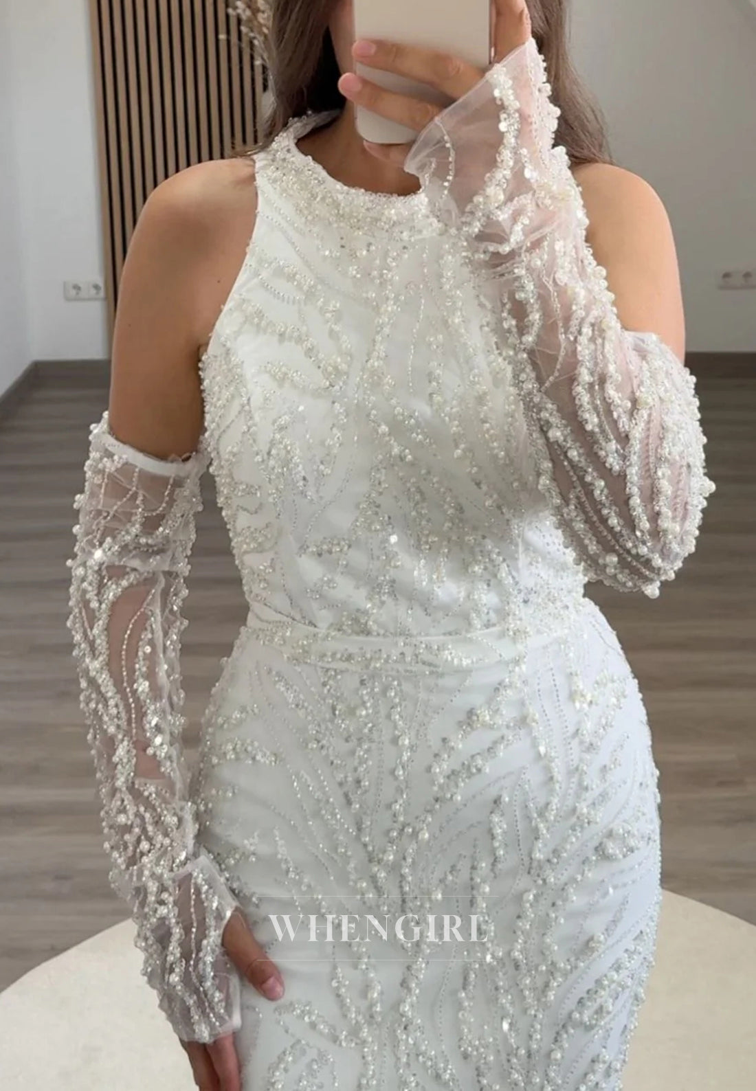 Mermaid Halter Beaded Back Zipper Sweep Train Formal Evening Dress with Gloves