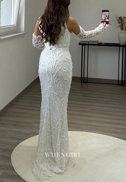 Mermaid Halter Beaded Back Zipper Sweep Train Formal Evening Dress with Gloves