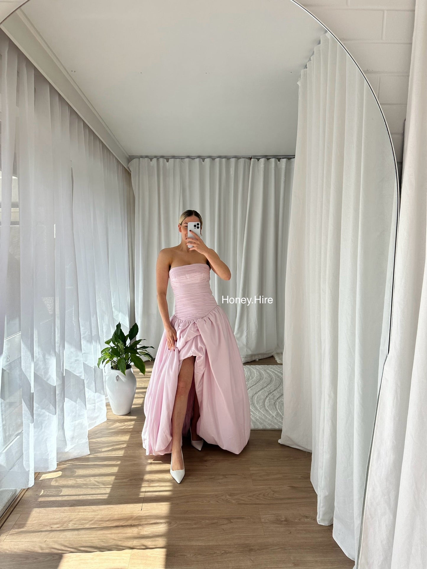 Pink Tube Top Slit Ruched Sleeveless Prom Dress
