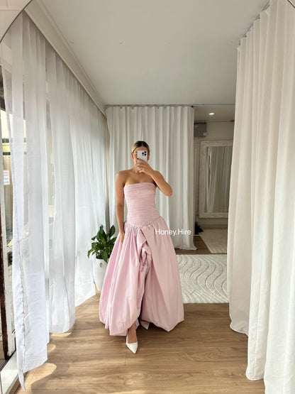 Pink Tube Top Slit Ruched Sleeveless Prom Dress