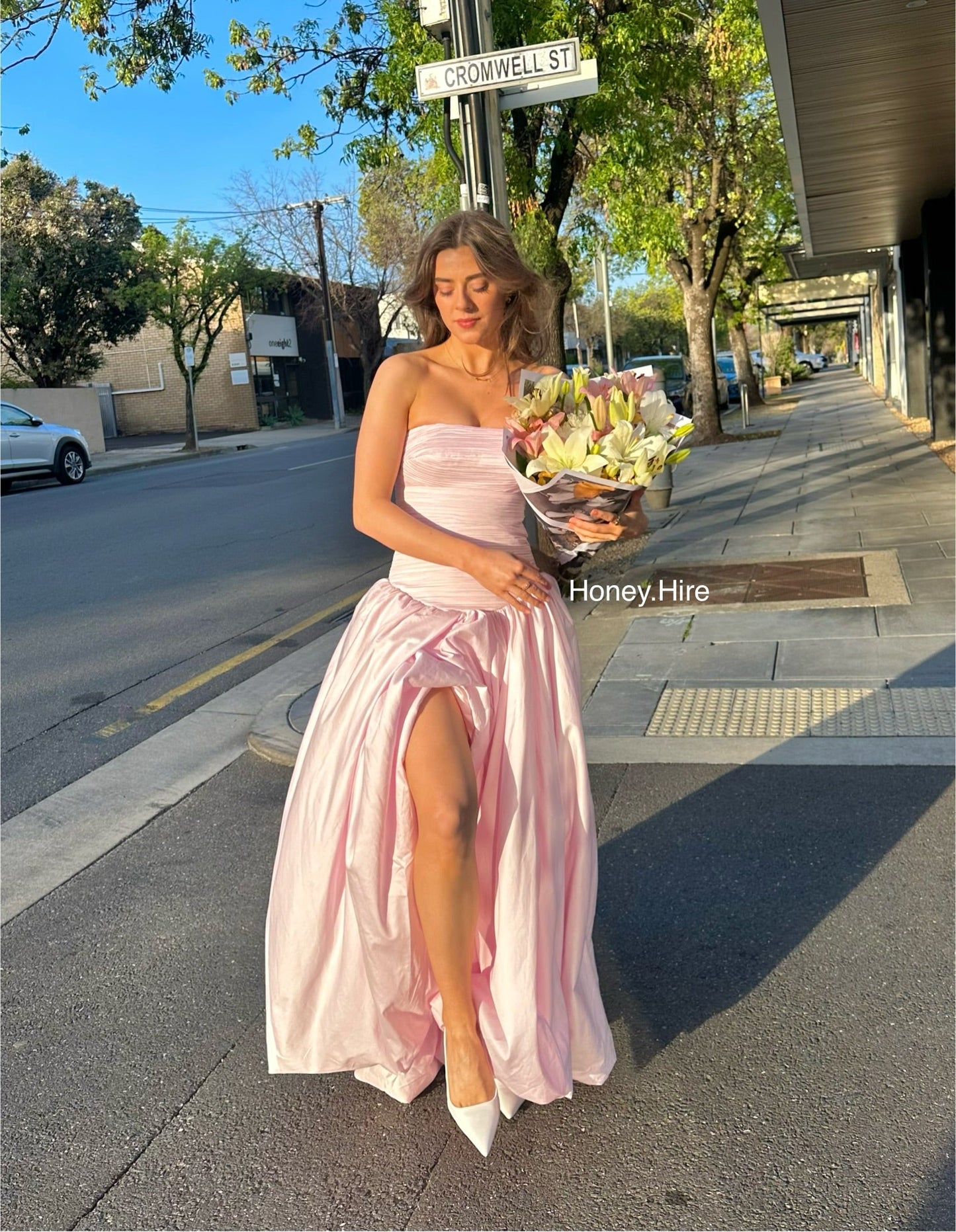 Pink Tube Top Slit Ruched Sleeveless Prom Dress
