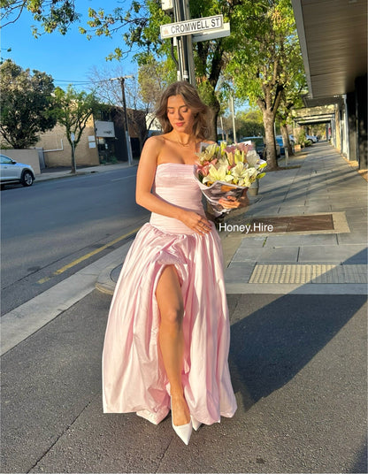 Pink Tube Top Slit Ruched Sleeveless Prom Dress