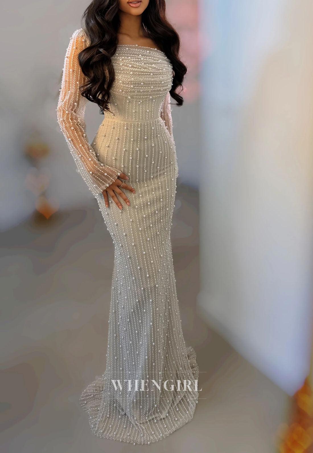 Sheath Square Neck Long Sleeves Beaded Sweep Train Evening Dress