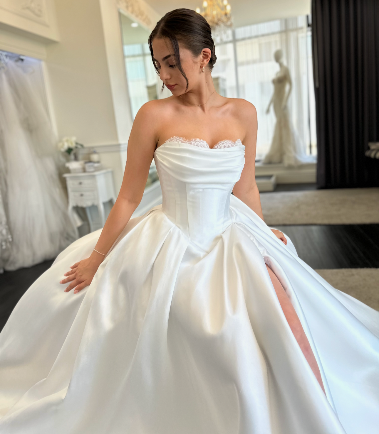 Strapless Satin Side Slit A-Line Wedding Dress