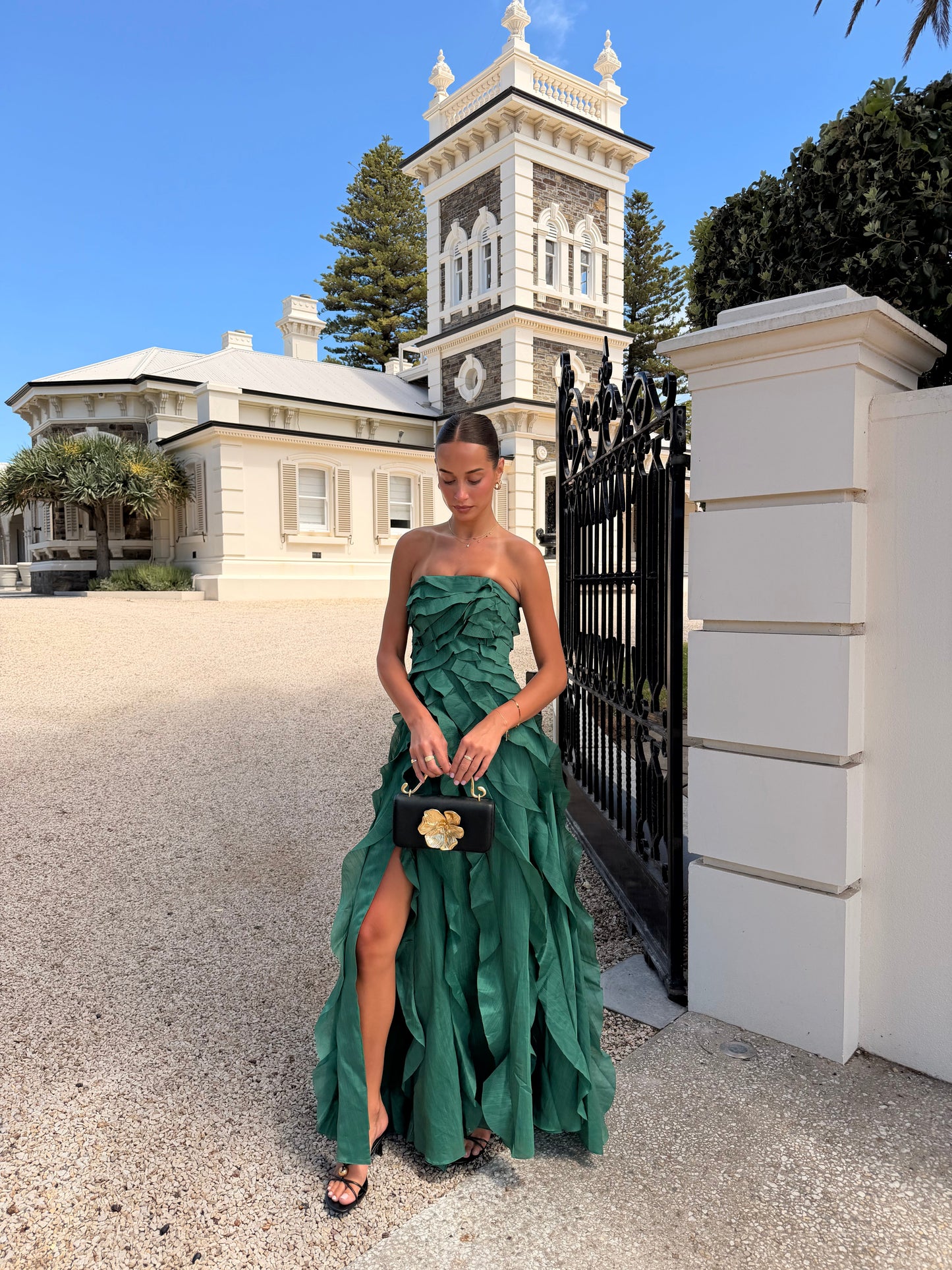 Green Tube Top RUffles Column Slit Prom Dress