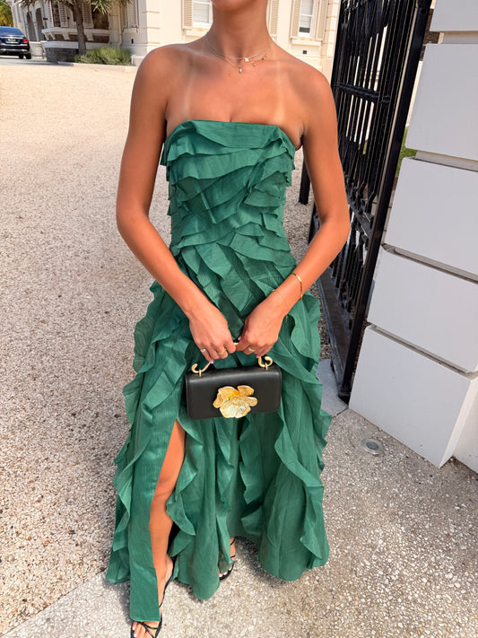 Green Tube Top RUffles Column Slit Prom Dress