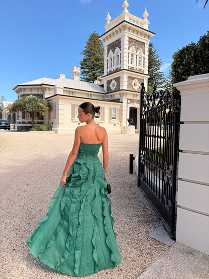 Green Tube Top RUffles Column Slit Prom Dress