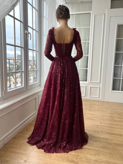 Burgundy Square Neck Long Sleeves Beaded A-Line Prom Formal Dress