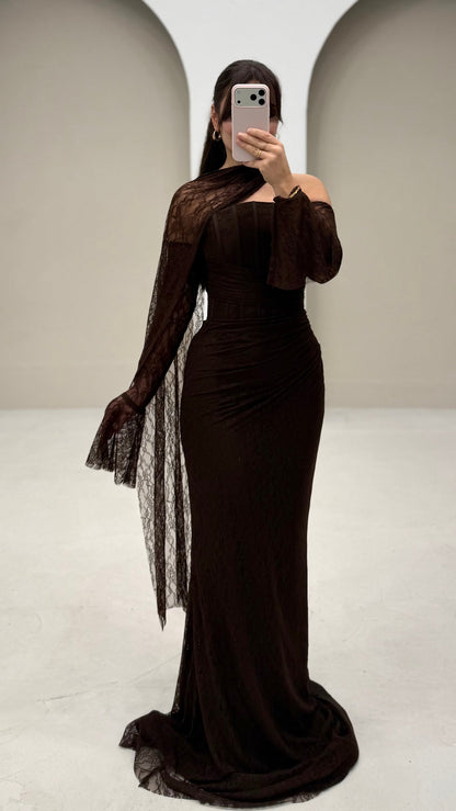 Brown Off Shoulder Long Sleeves Sheath Evening Dress with Shawl