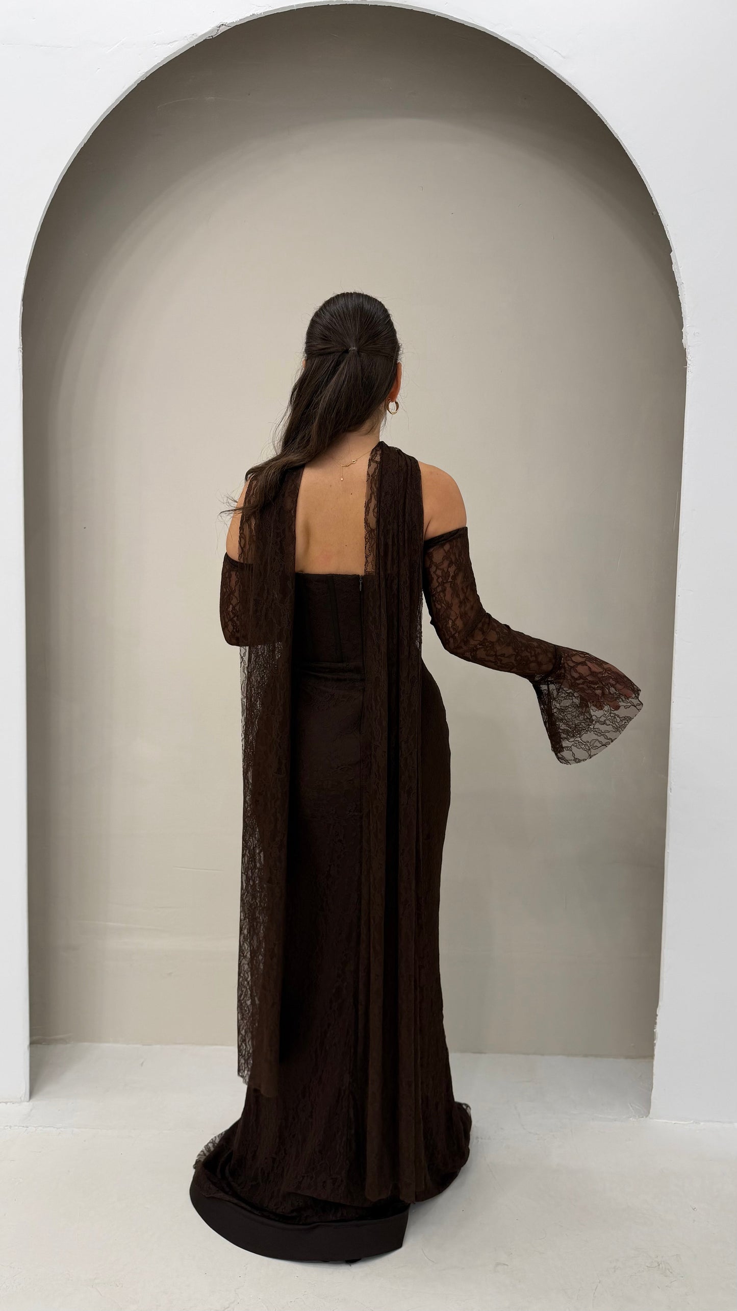 Brown Off Shoulder Long Sleeves Sheath Evening Dress with Shawl