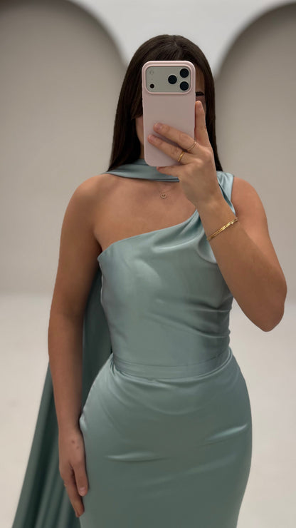 Teal One Shoulder Back Zipper Mermaid Evening Dress