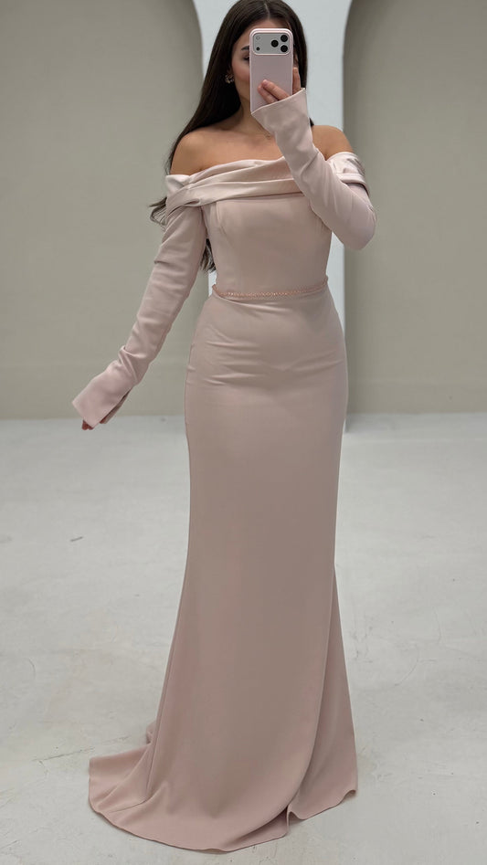 Pink Off Shoulder Long Sleeves Sheath Evening Formal Dress