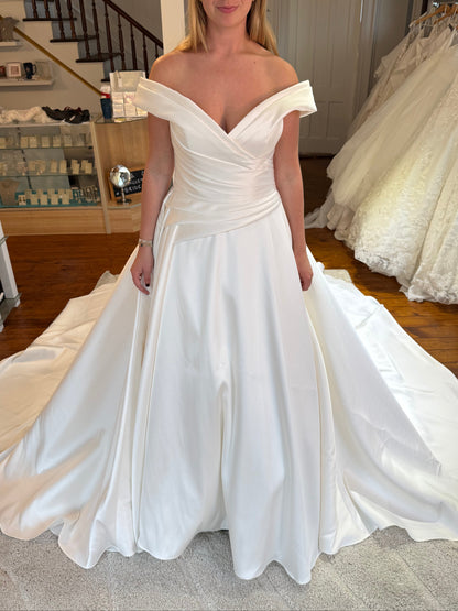 Off Shoulder Ruched A-Line Satin Chapel Train Wedding Gown