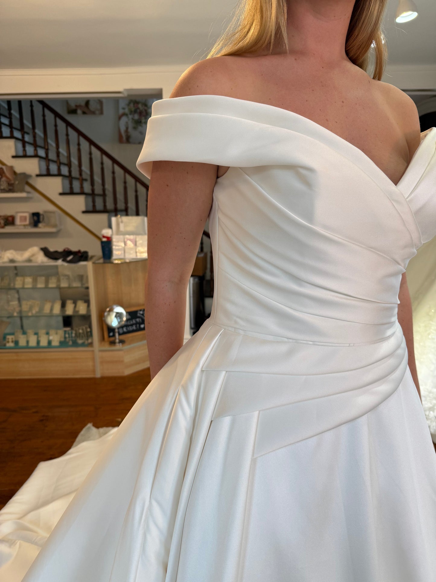 Off Shoulder Ruched A-Line Satin Chapel Train Wedding Gown