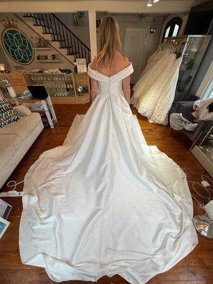 Off Shoulder Ruched A-Line Satin Chapel Train Wedding Gown