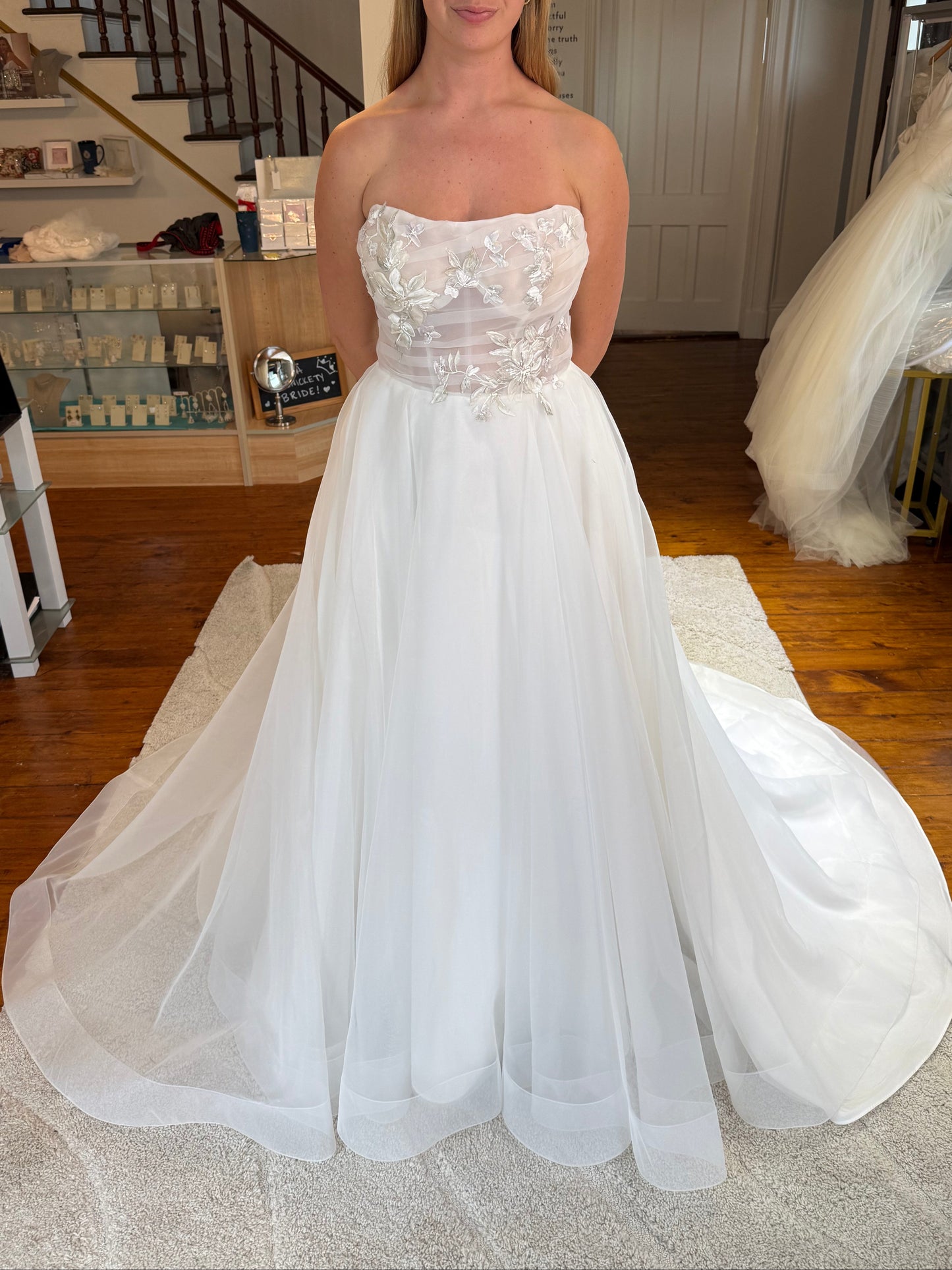 A-Line Strapless Embroidery Court Train Wedding Dress