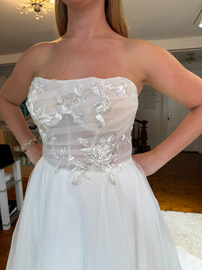 A-Line Strapless Embroidery Court Train Wedding Dress