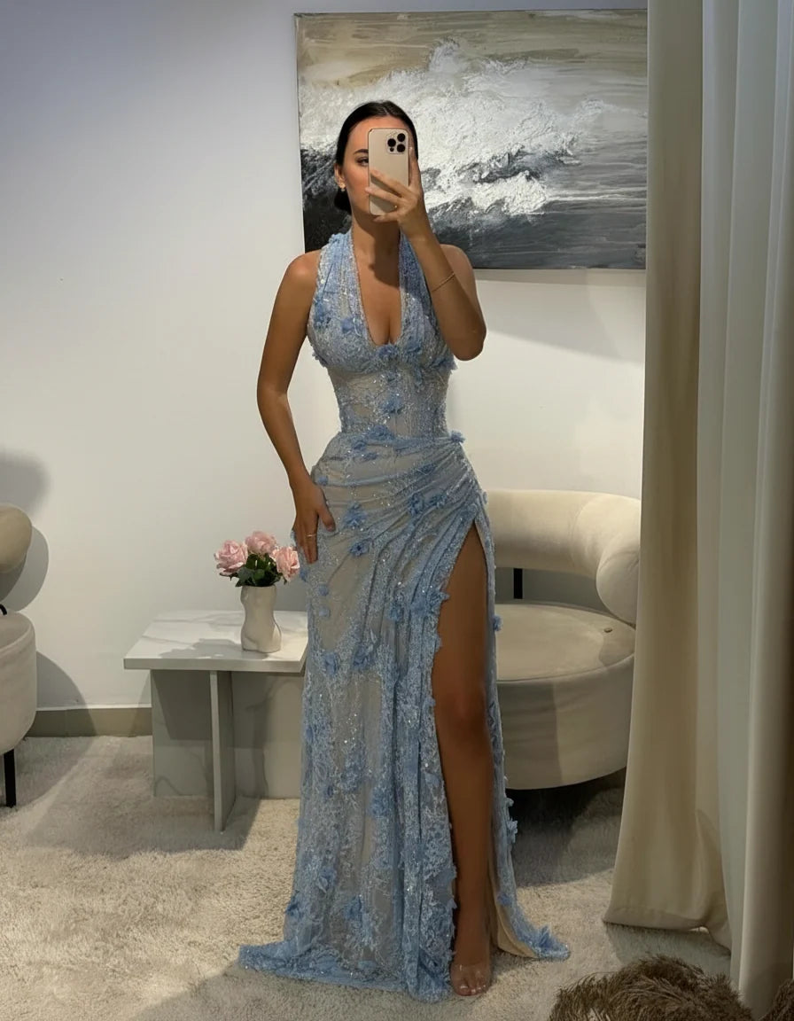 Sheath Halter Floral Sleeveless Side Slit Ruched Evening Gown Prom Dress