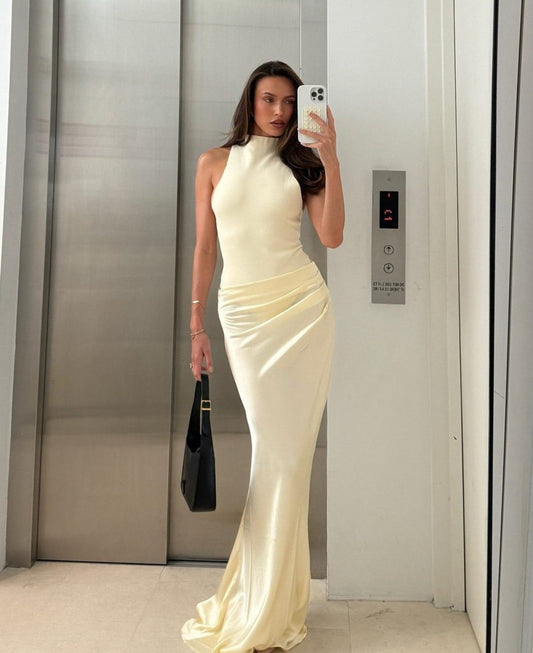 Light Yellow High Neck Ruched Prom Dress