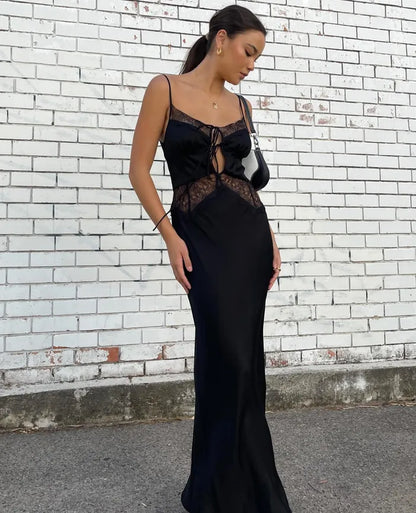 Black Spaghetti Straps Lace Sheath Prom Dress
