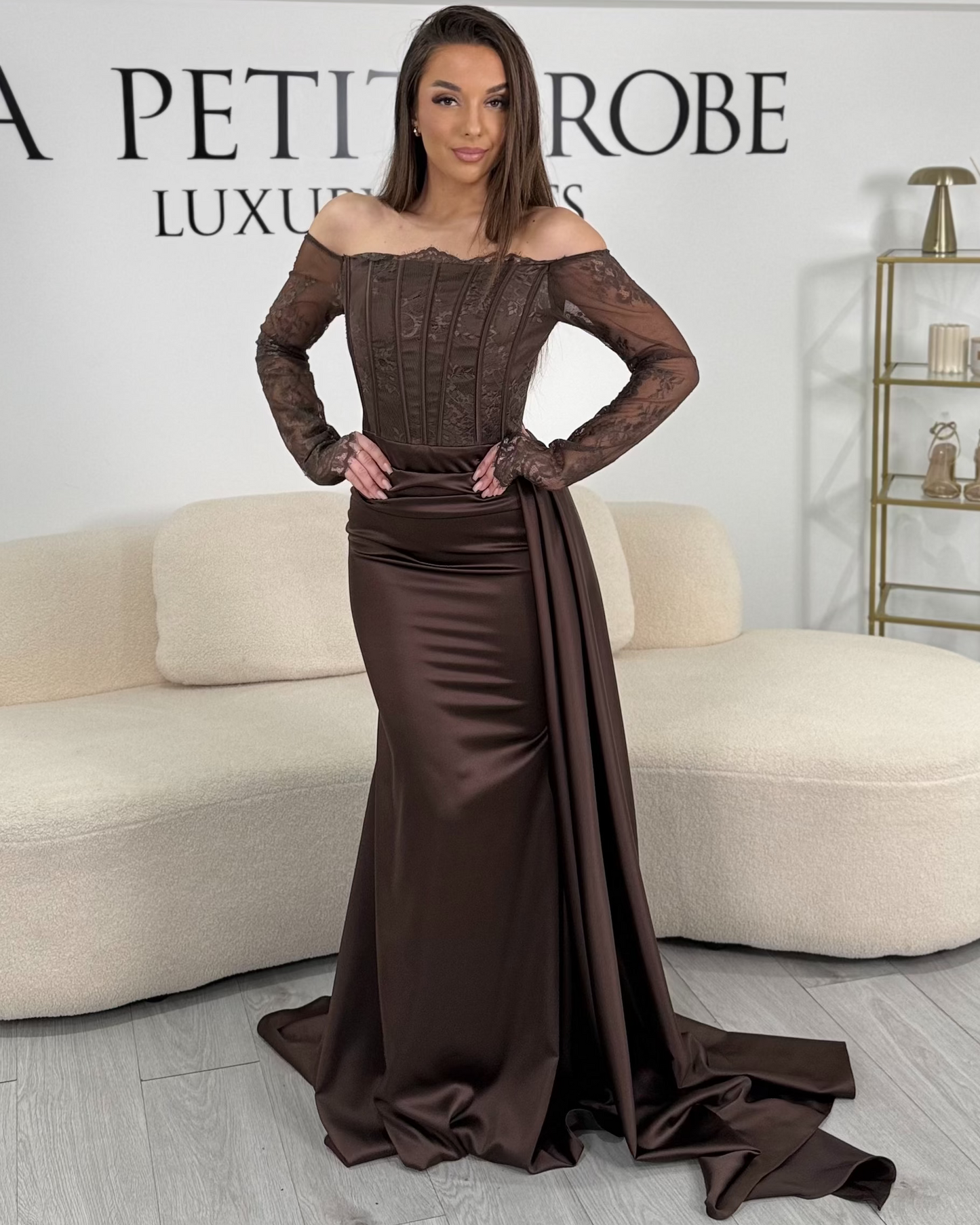 Brown Off Shoulder Long SLeeves Sheath Evening Dress
