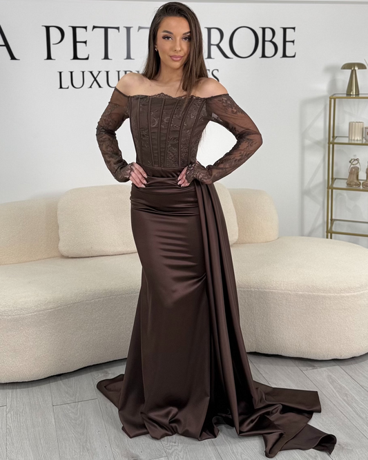 Brown Off Shoulder Long SLeeves Sheath Evening Dress