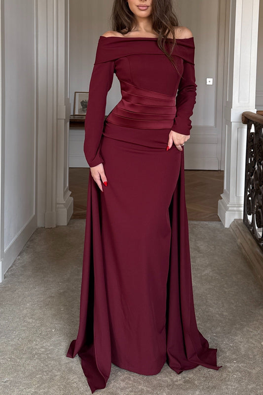 Burgundy Long Sleeves Off SHoulder Evening Formal Gwon with Train