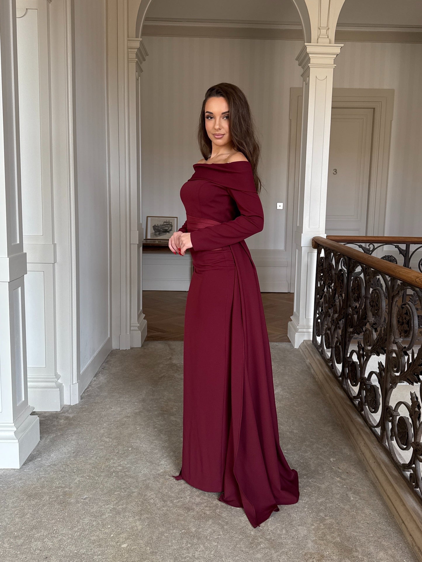 Burgundy Long Sleeves Off SHoulder Evening Formal Gwon with Train