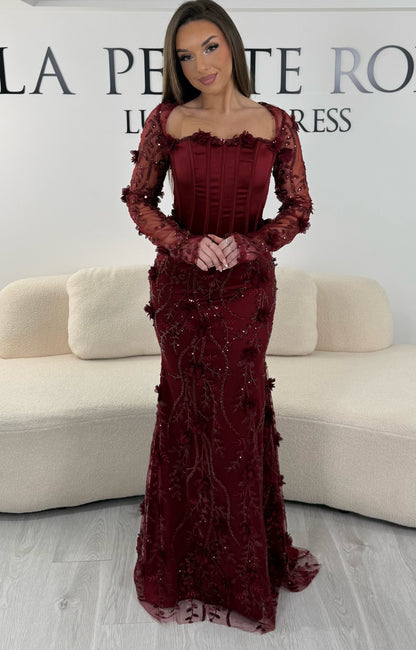 Burgundy Long Sleeves Floral Trumpet Evening Formal Gown